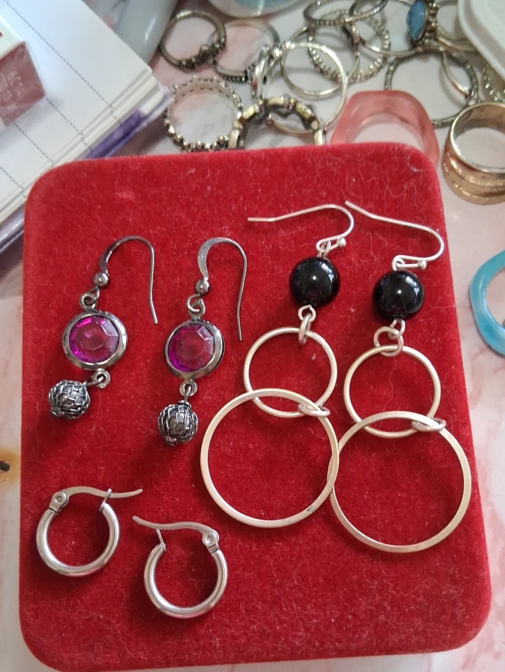 Silver Double-Hoop Drop Earrings with Black Bead Bundle